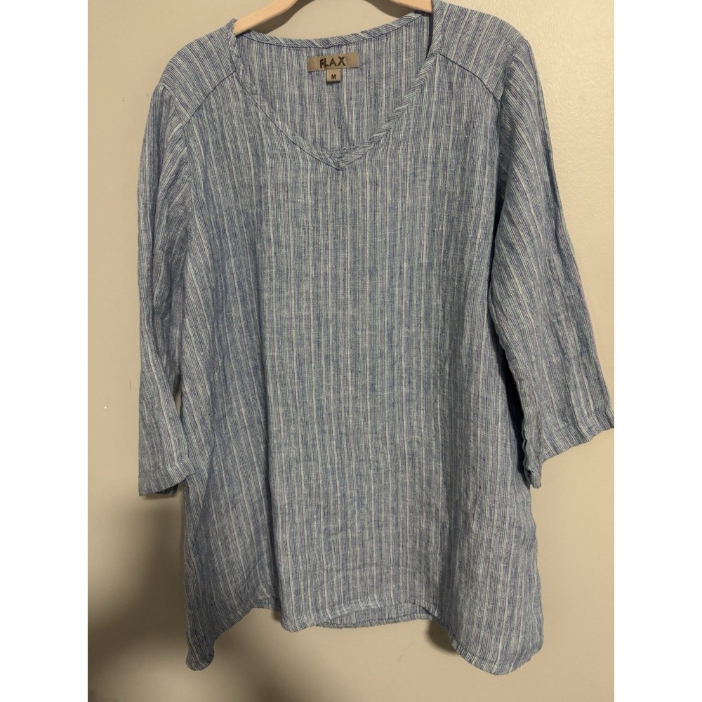 FLAX Blouse Size M Women's 100% Linen Striped Tunic Blue Green White V-Neck